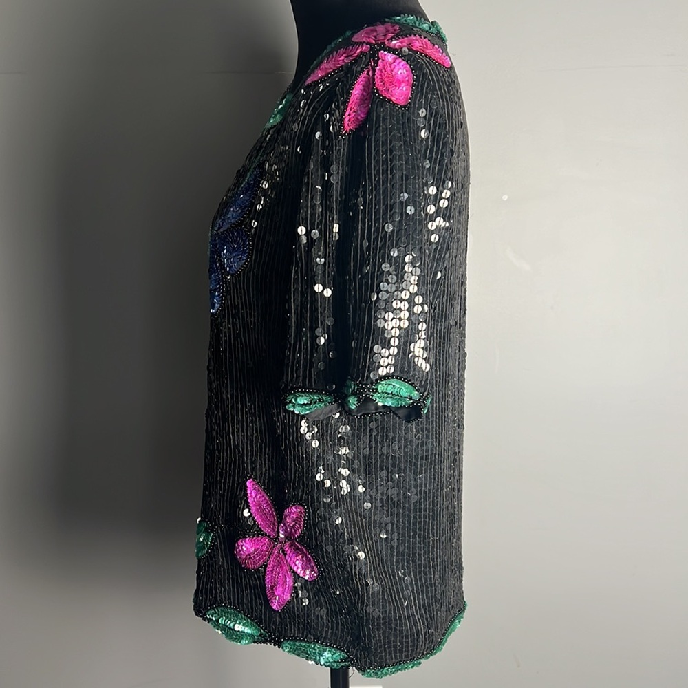 Vintage Stenay 100% Silk Floral Beaded Sequin Floral Blouse Shirt - Picture 5 of 7